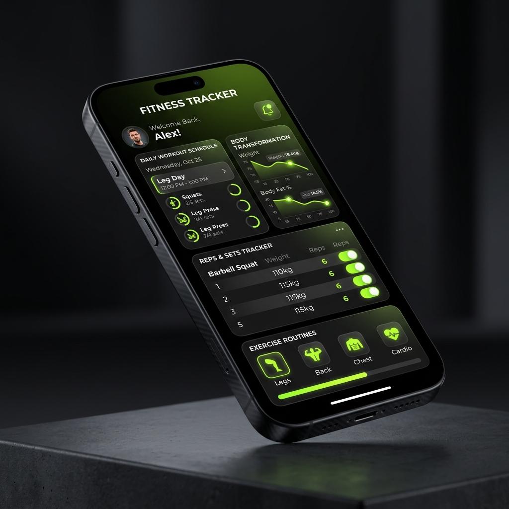 RI Fitness Club Mobile App interface showing daily workout schedules and body transformation analytics